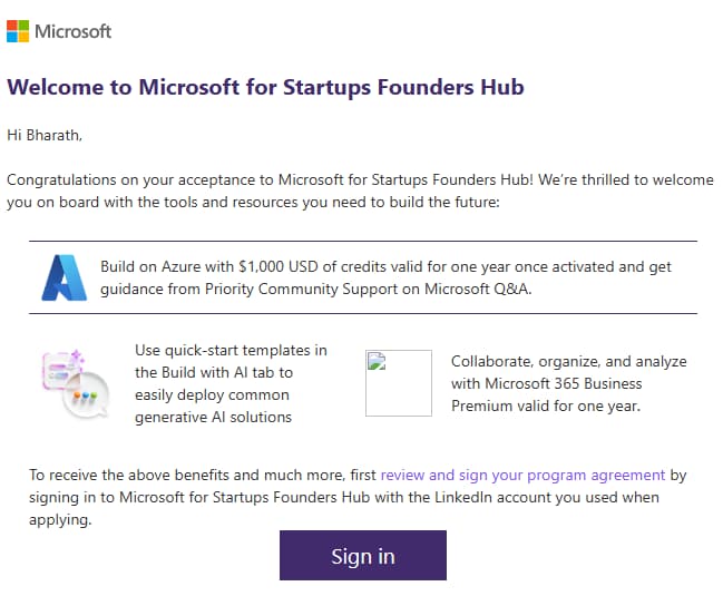 Joined Microsoft for Startup Program